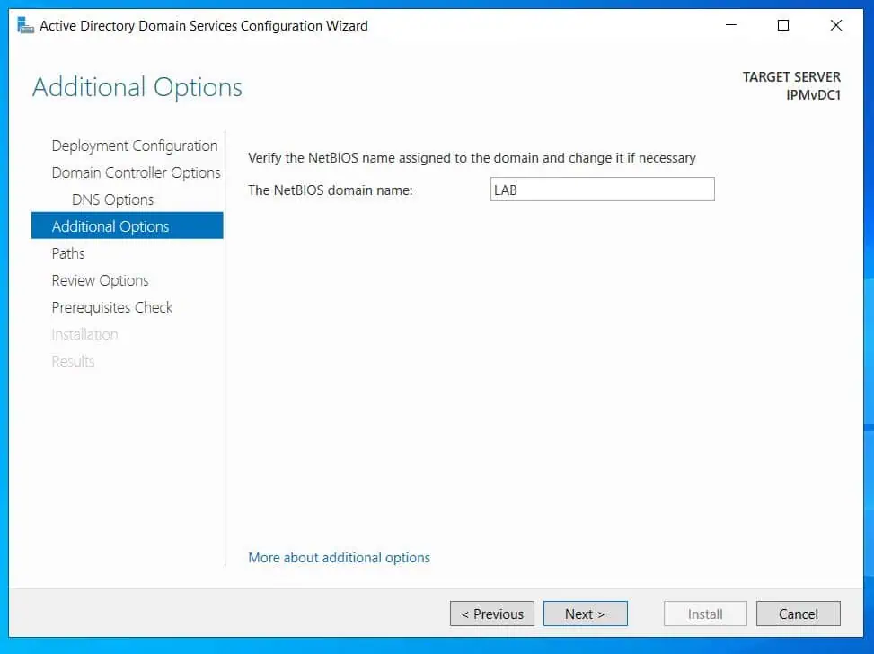 On the Additional Options page, the NetBIOS name will be selected automatically.