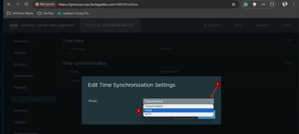 On the "Edit Time Synchronization Settings" pop-up, click the Mode drop-down and select Host.