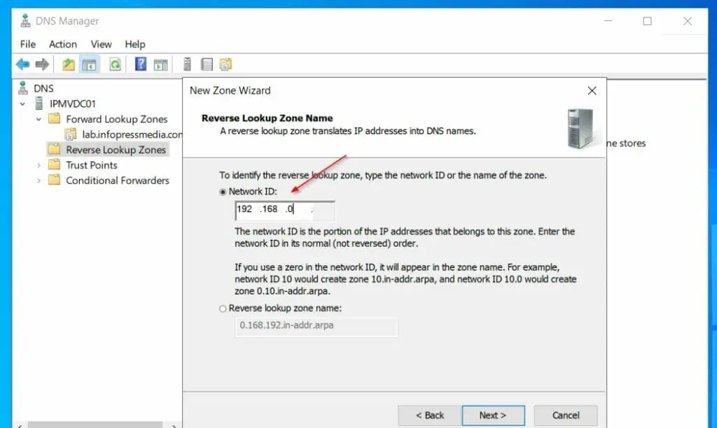 On the Reverse Lookup Zone Name, enter the Network ID portion of the IP address of the server