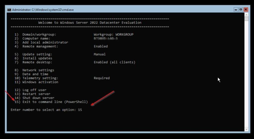 On the SConfig page, enter 15 to load PowerShell.