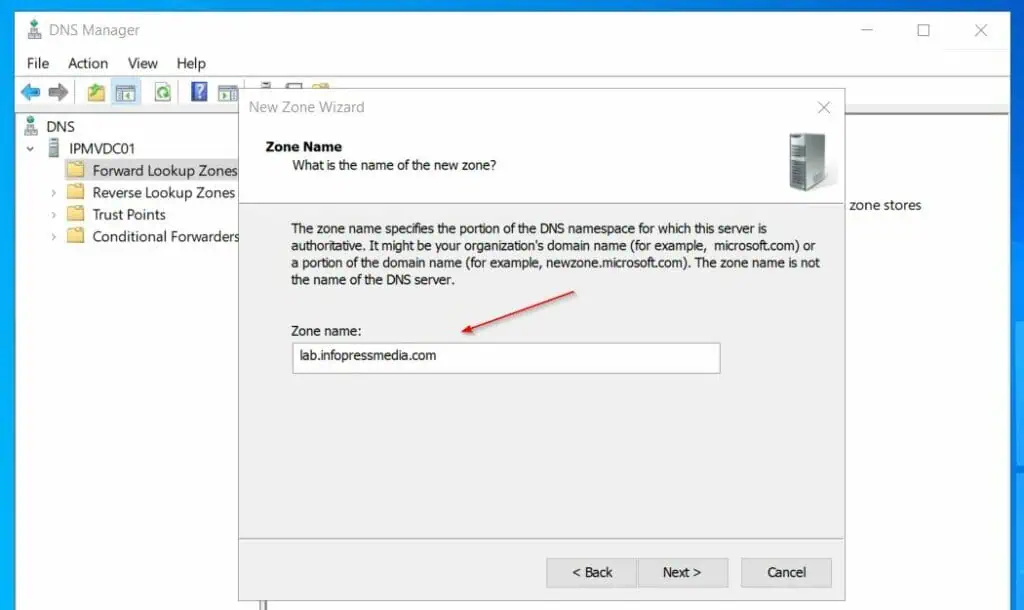 On the Zone Name field, enter the fully qualified domain name of the AD domain you will create later.