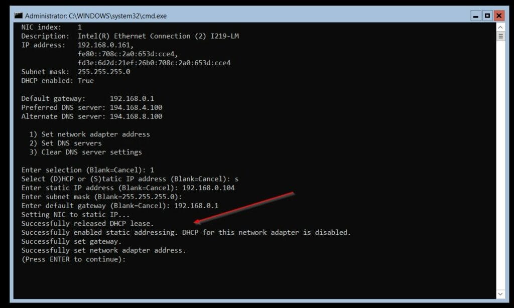 Once you reconnect, you'll see the notifications that the IP address and gateway has been set successfully.
