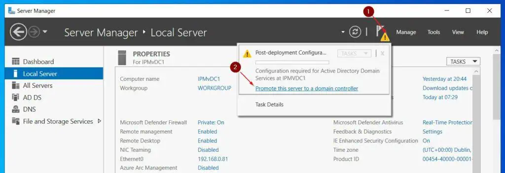 Open Server Manager, then, click the post-installation task icon and select Promote this server to a domain controller.