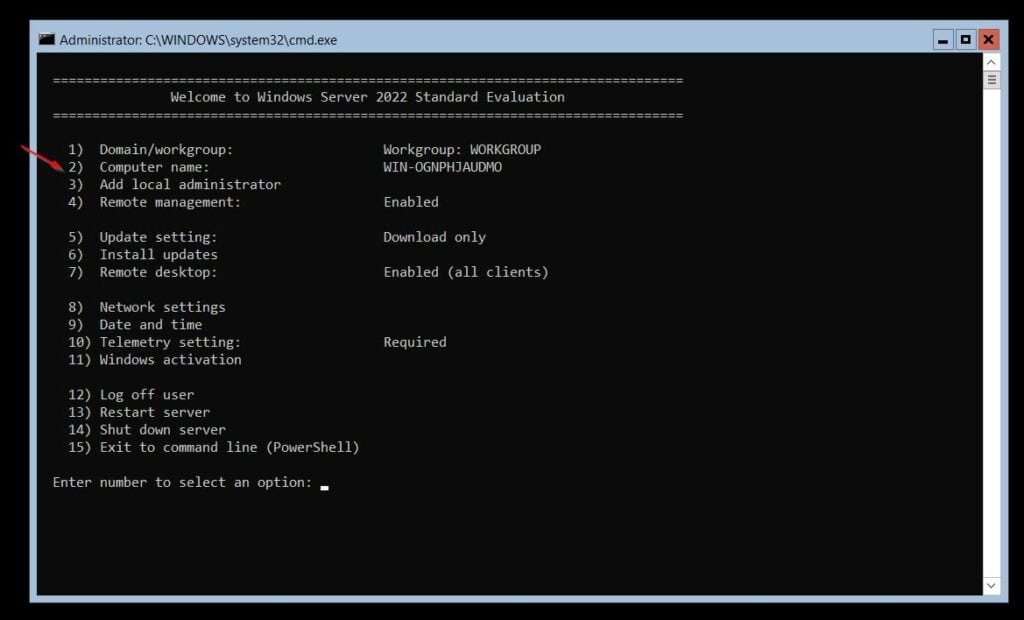 Rename a windows Server 2022 core