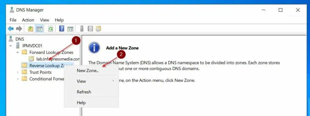 Right-click Reverse Lookup Zones and select New Zone.