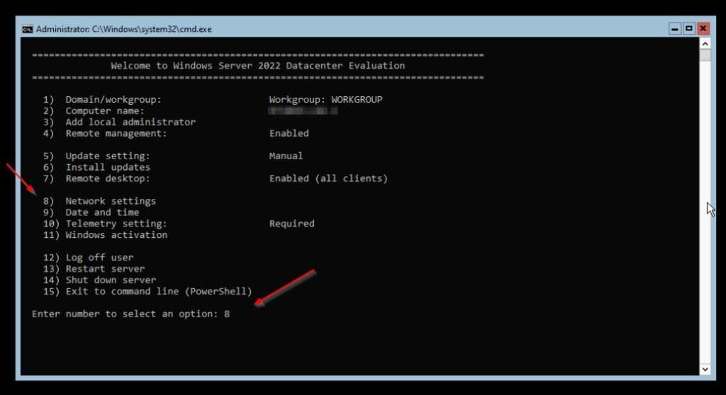 Selecting option 8 for Network Settings