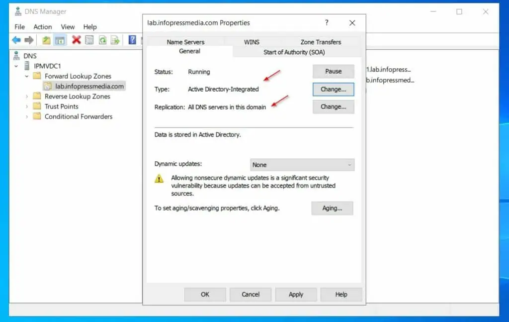 The zone type will now become Active Directory-integrated and Replication will be set to All DNS servers in the domain.