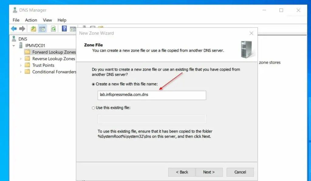 Then, accept the default zone file name on the next page.