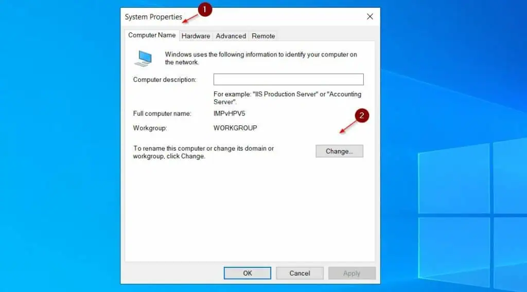 Then, click the Computer Name tab and then, the Change button.