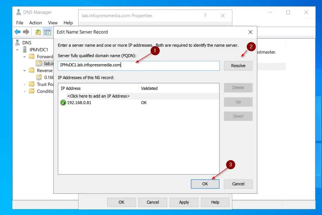 Then, enter the FQDN of the server and click Resolve - the IP address of the server should display - click OK.