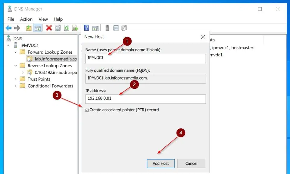Then, enter the name and IP address of the new server - ensure that the Create associate pointer (PTA) record checkbox is checked - then, click Add Host.