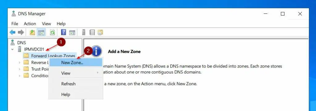 Then, expand the server name, right-click Forward Lookup Zones and choose New Zone.