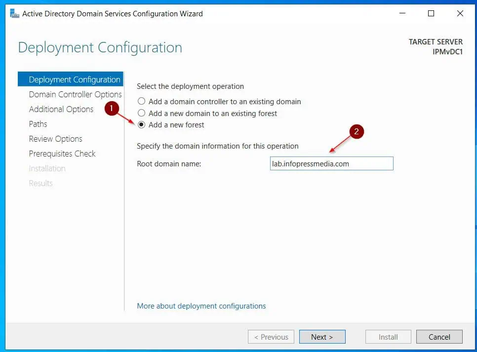 Then, first page of the wizard, enter the Add a new forest option and enter the Forest root domain - the new domain name you want to configure.
