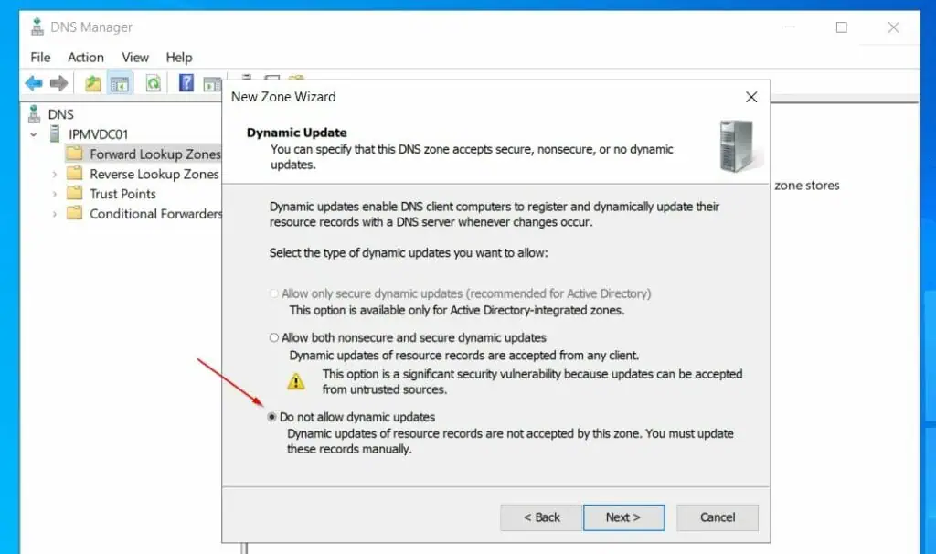 Then, on the Dynamic Updates page, accept the default - Do not allow dynamic updates.
