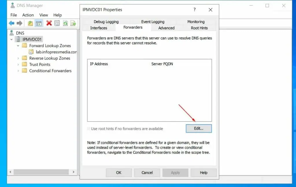 Then, on the Forwarders tab, click Edit