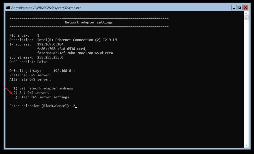 Then, select 2 to configure the DNS settings of the adapter.