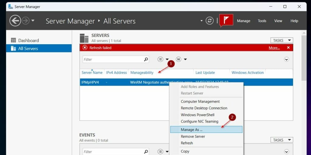 To fix this error, right-click the server and select "Manage As."