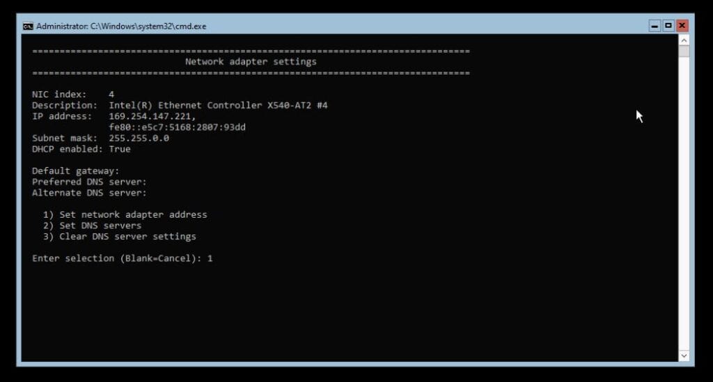 When the net adapter configuration page opens, select 1 to set a static IP address.
