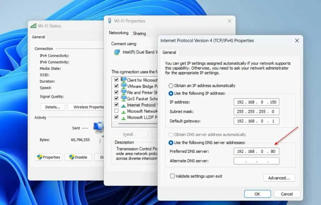 confirm that the Preferred DNS Server is the IP address of your DNS server.