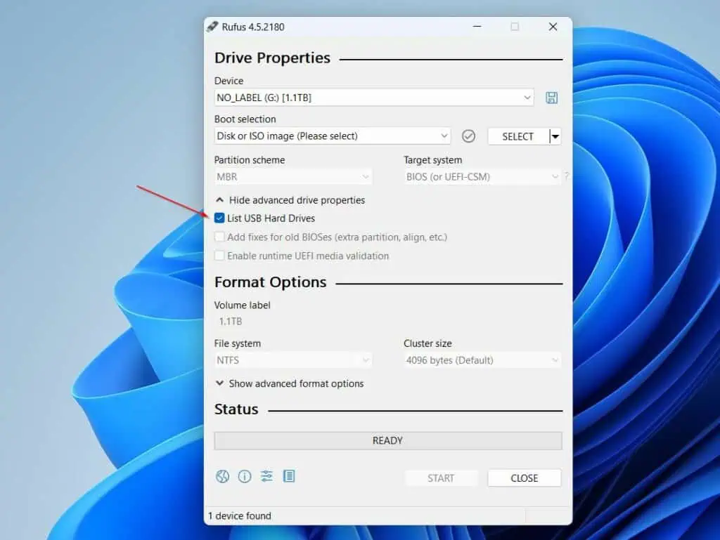 then check the "List USB drives" checkbox.