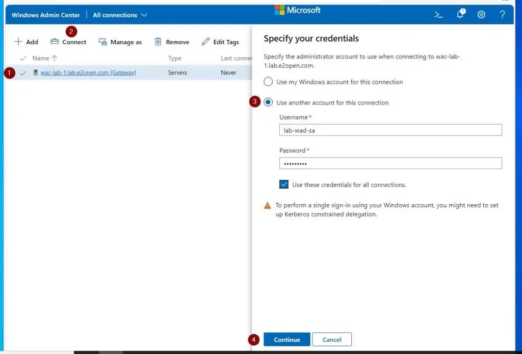 After signing in, configure the account you created earlier as the connection account.