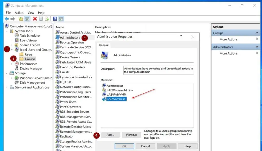 Also, add the SCVMM domain service account to the local Administrators group on the SCVMM computer.