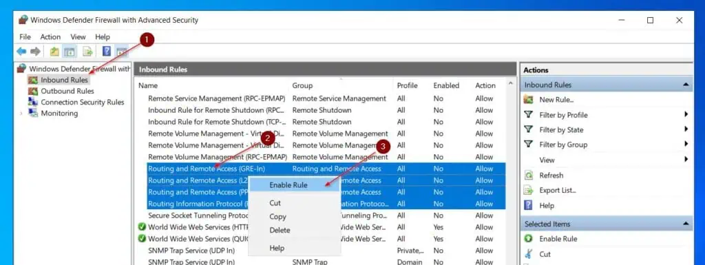 Click the Inbound Rules node, then locate the Routing and Remote Access rule group, hold down the shift key and select all
