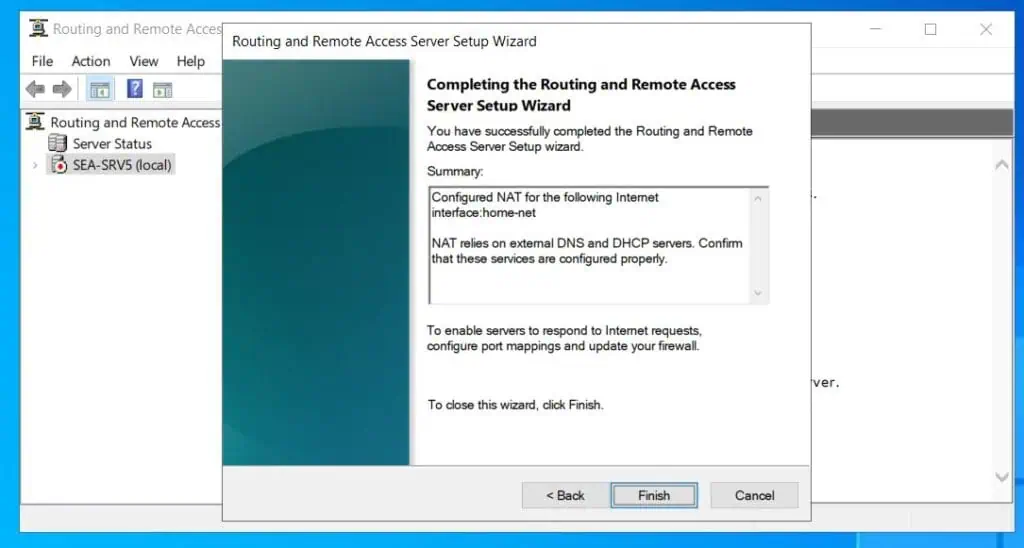 Finally, review the settings and click Finish to set up NAT on the selected network adapter. 