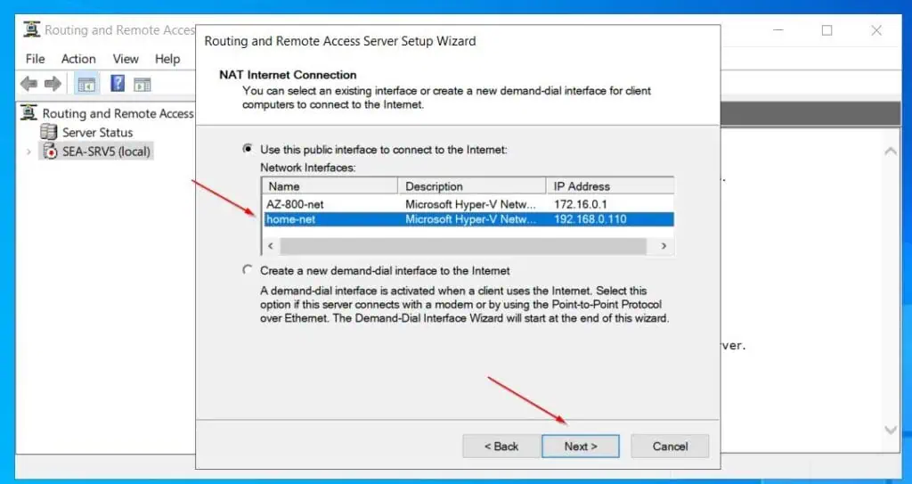 On the NAT Internet connection page, click on the network adapter that is connected to the internet to select it. 
