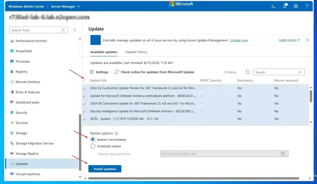 Then, click the Updates sub-menu in the Tools menu, select the updates to install, choose the Restart option and click Install updates.