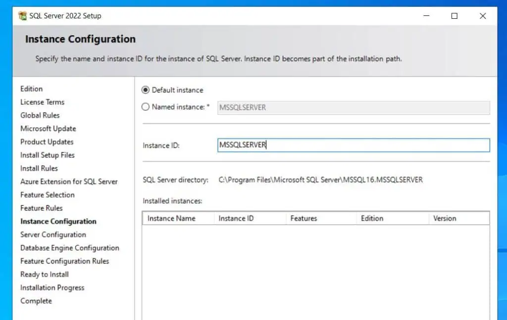 Use the default instance and click Next to continue.