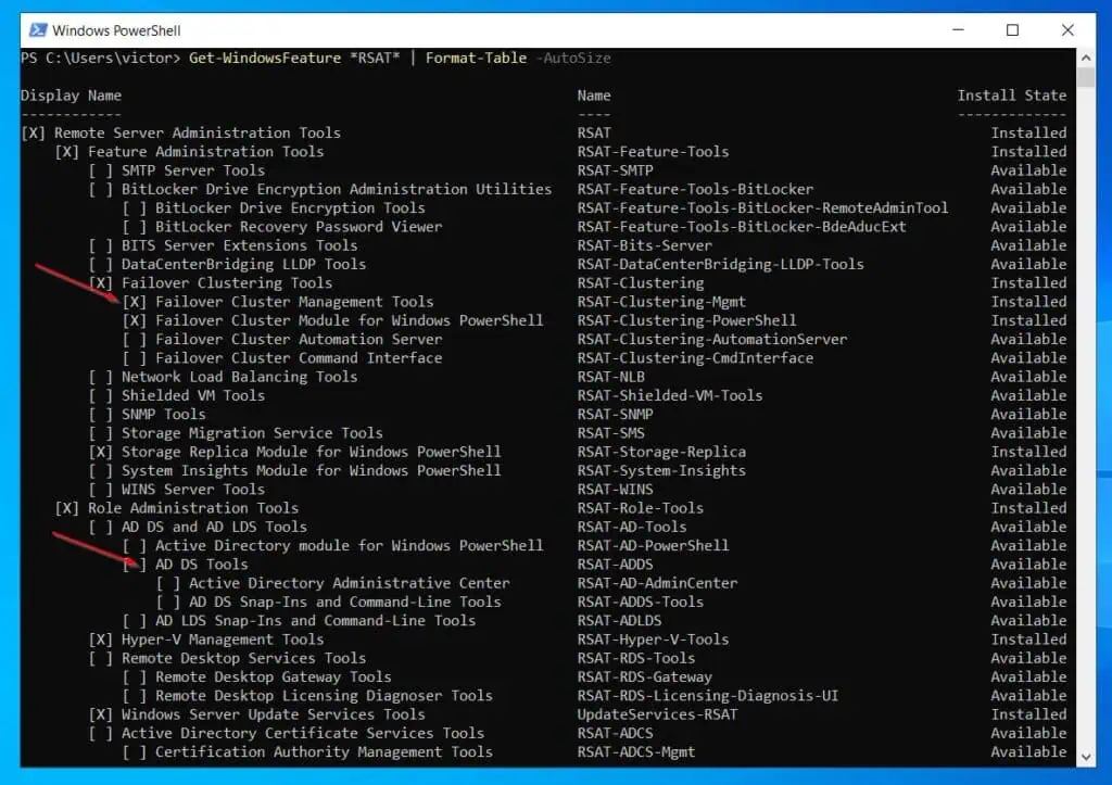 Get-WindowsFeature *RSAT* | Format-Table -AutoSize