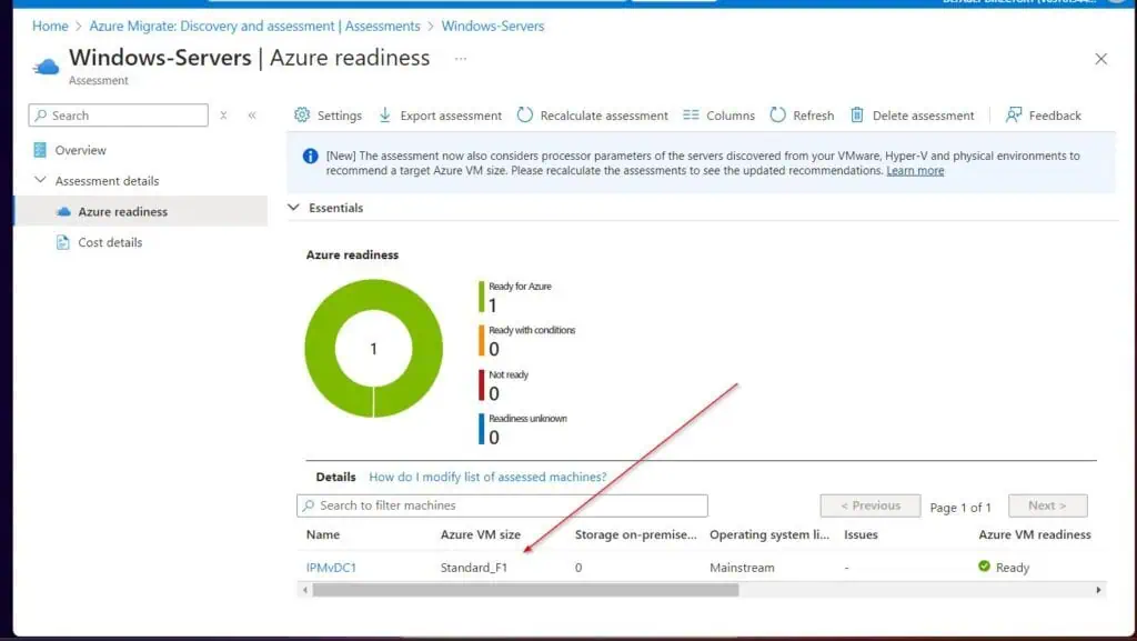On the readiness page, you can view detailed information about recommended Azure VM size, other information about the VM.