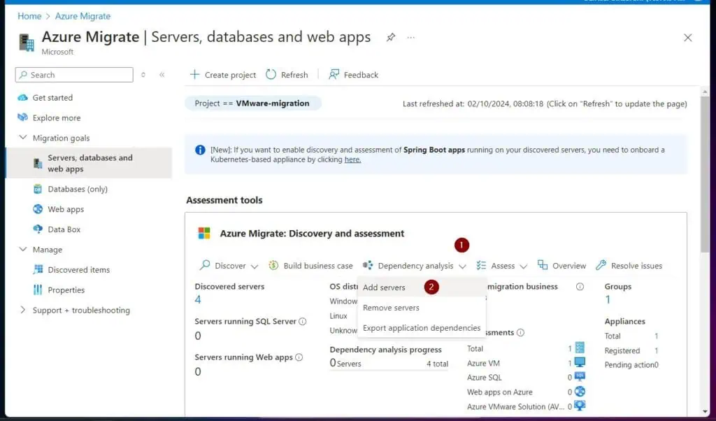 On the Servers, databases and web apps > Azure Migrate: Discovery and assessment page, click the Dependency analysis drop-down and choose Add servers.