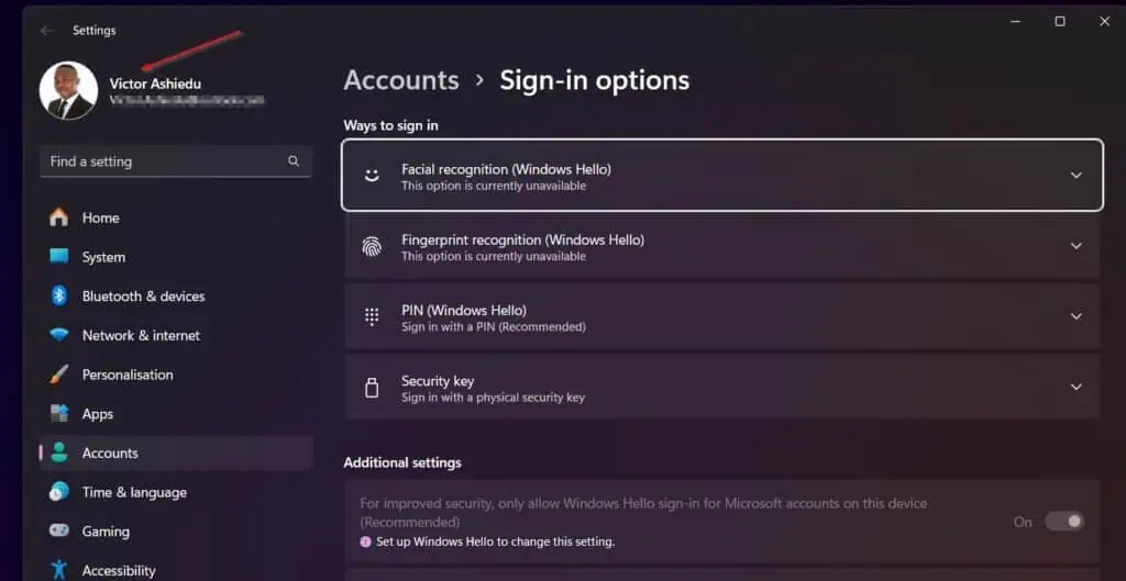 From the Settings page, click on your Microsoft account profile (at the top left of the page).