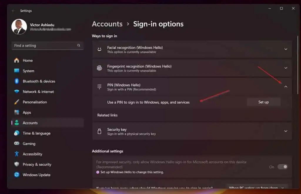 On the Sign-in options > Ways to sign in page, expand PIN (Windows Hello) and remove any PIN configuration. If the PC is not set up to use PIN, the Set up button will be displayed. 