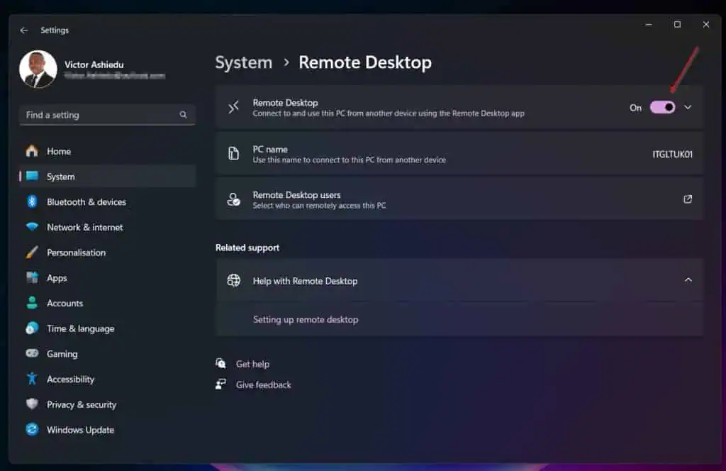 Then, on the System > Remote Desktop blade, ensure the button is turned on.