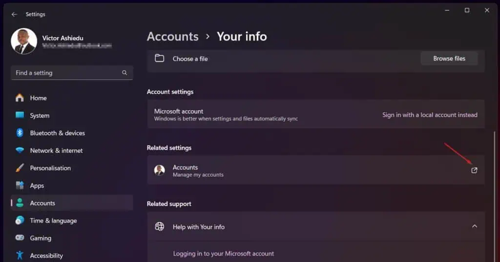 Scroll to the Related settings section and click the link next to Accounts.