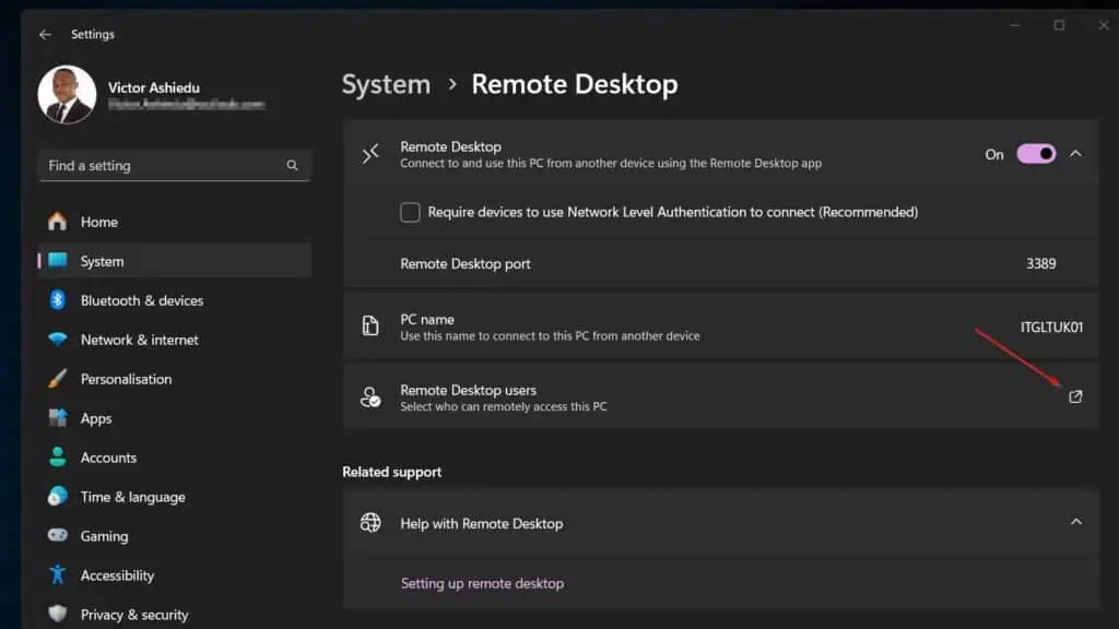 Scroll to the Remote Desktop Users section and select the link next to it. 