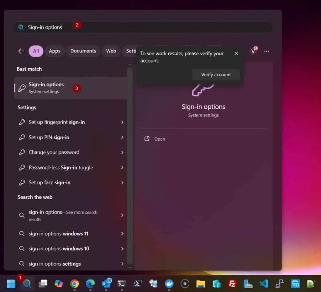 Search Sign-in options in Windows 11 and open it in the Settings app. 