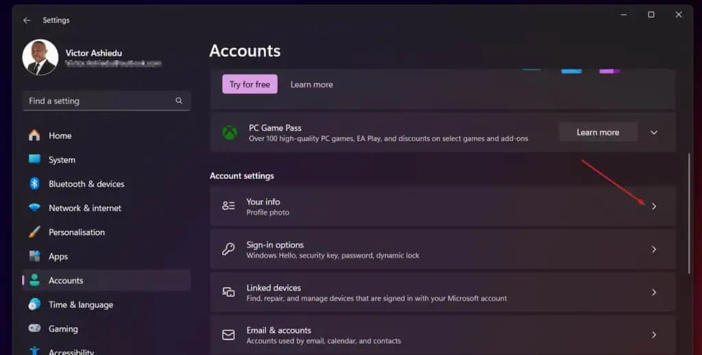 Then, on the details pane of the page, scroll to the Accounts settings section and select Your info.