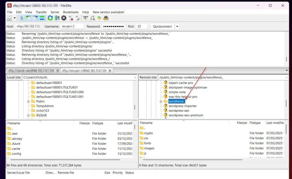 Once you successfully FTP to the server, navigate to "/public_html/wp-content/plugins," right-click the wordfence folder, select Rename and append "_" to the end without the quotes. 