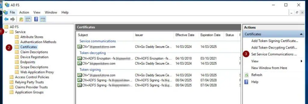 Launch the AD FS management console (via Server Manager). Then, expand  Service > Certificates and choose Set Service Communication Certificate.