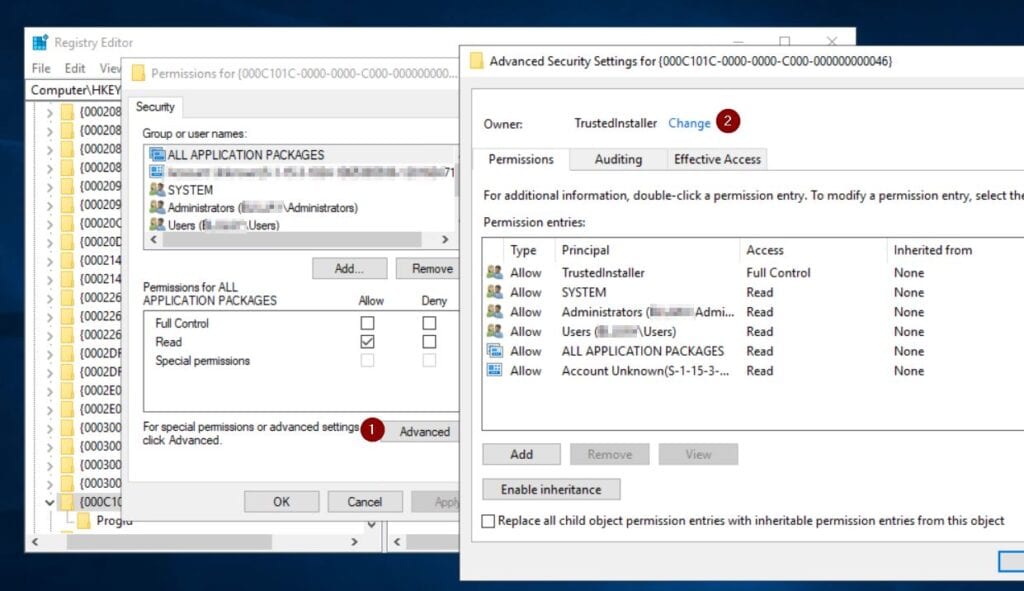 After that, click the Advanced button in the registry key's permission properties page, then click the Change button next to the Owner.
