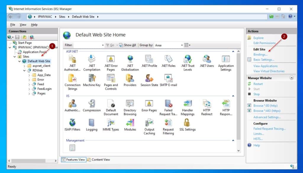 Back in the IIS Manager, left-click Default Web Site, then in the Actions menu, select Bindings.