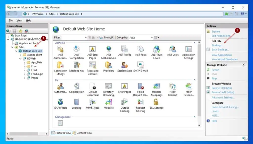 Back in the IIS Manager, left-click Default Web Site, then in the Actions menu, select Bindings.