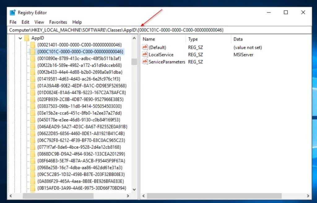 Back in the registry editor, navigate to KEY_LocalMachine\Software\Classes\AppID\ registry key, enter the name of the APPID from your event log at the end of the above path, and press enter.
