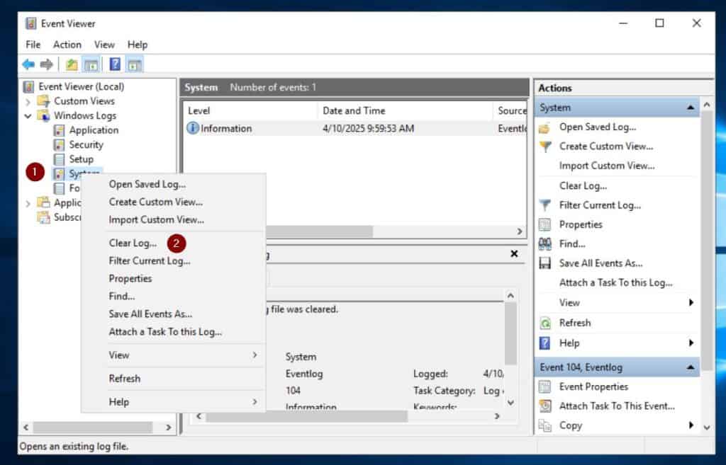 Clear the System event log by right-clicking it and choosing Clear log. Save a copy of the log in the process if you require it for further troubleshooting.