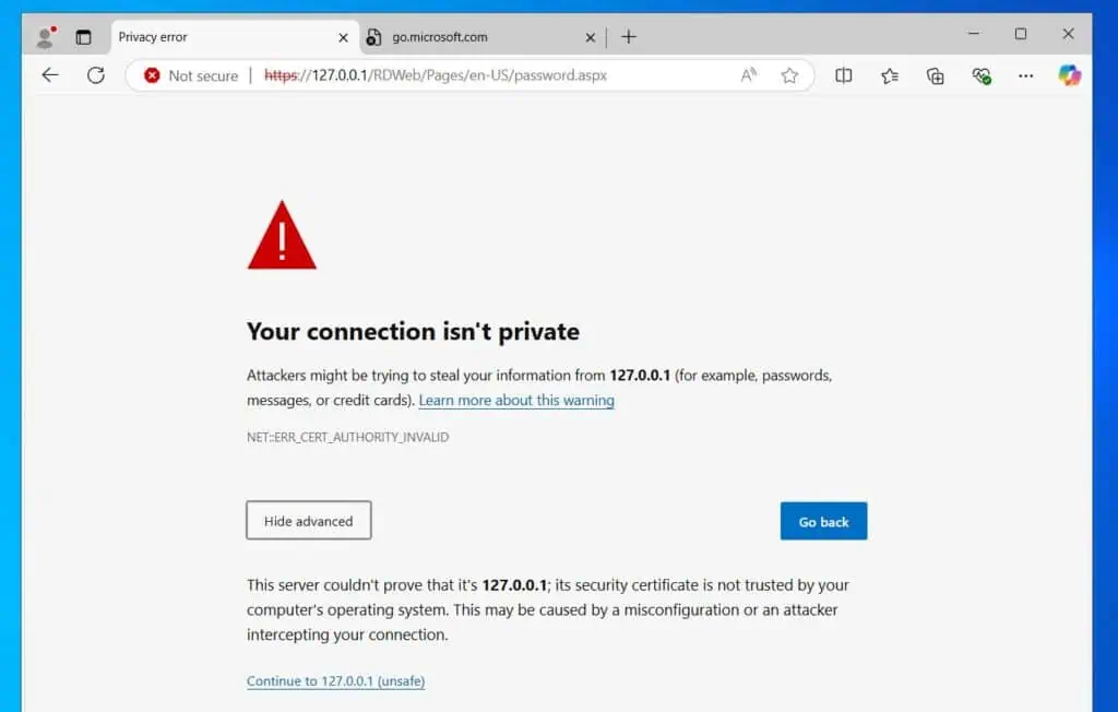 You'll receive a certificate warning. Click Advanced, then Continue.