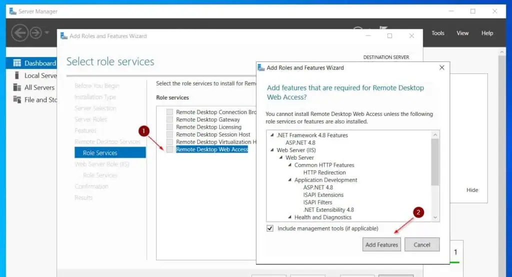Continue clicking Next until you get to Role Services. Check Remote Desktop Web Services, then, click the Add Features button in the pop-up.